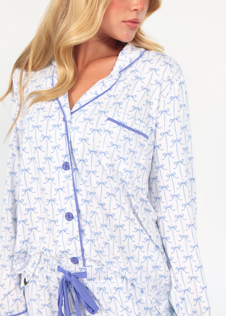 Women's Button Up Pant Set - Baby Blue Bow - Image 2