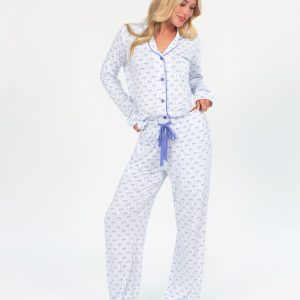 Women's Button Up Pant Set - Baby Blue Bow