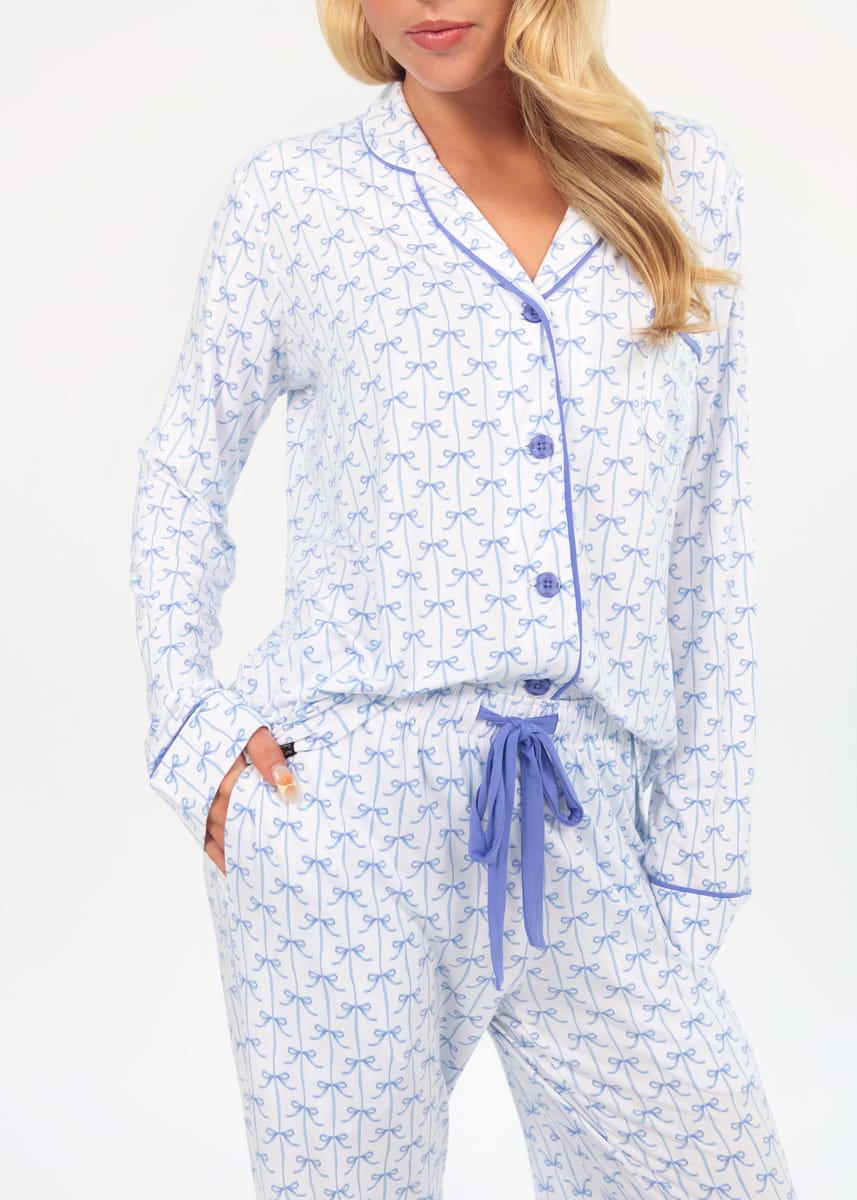 Women's Button Up Pant Set - Baby Blue Bow - Image 3