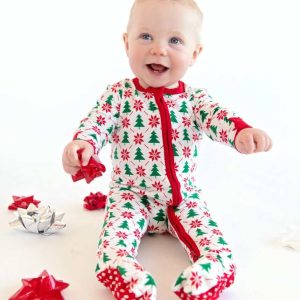 Infant Unisex Zipper Footie - Poinsettia and Tree