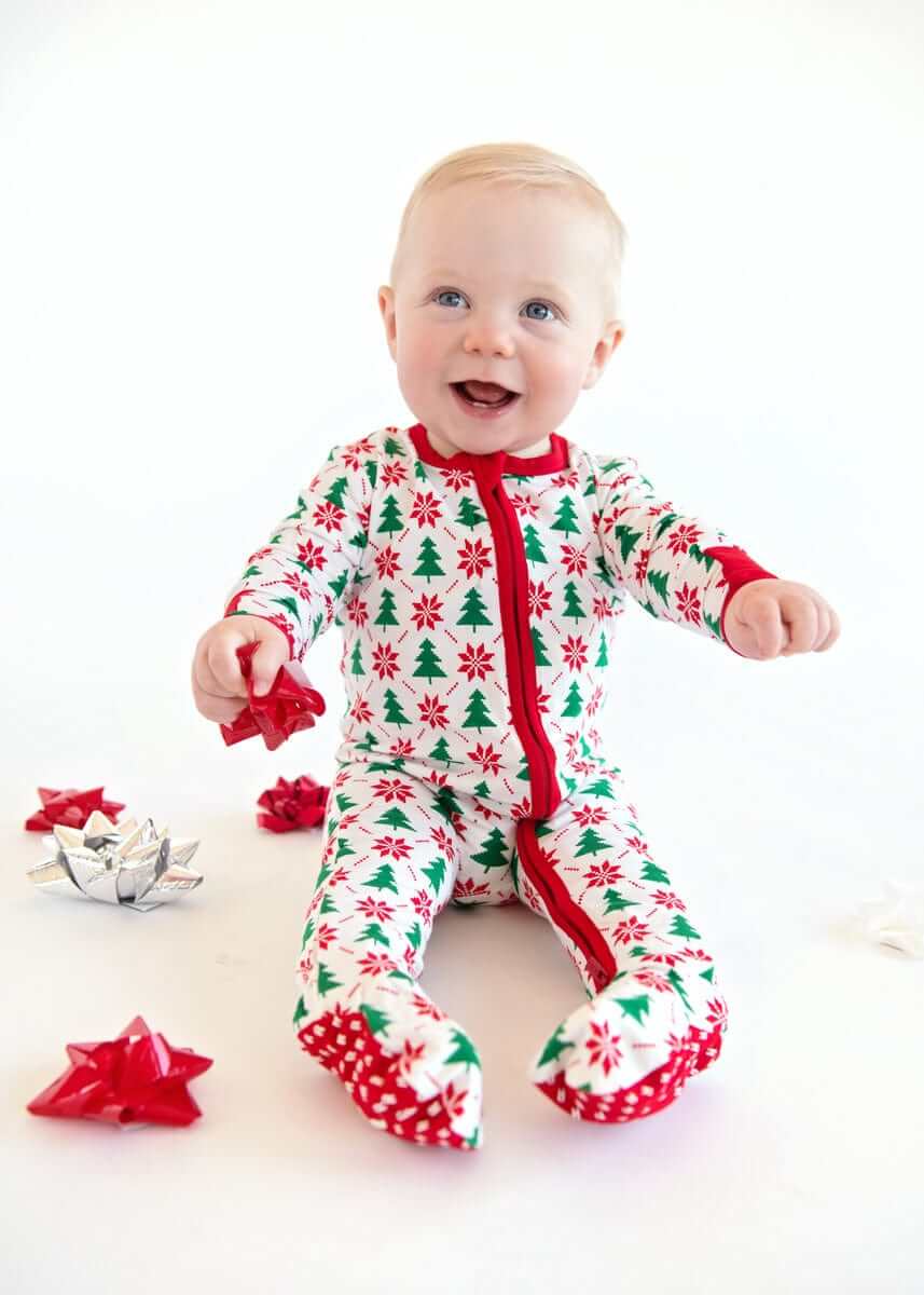 Infant Unisex Zipper Footie - Poinsettia and Tree