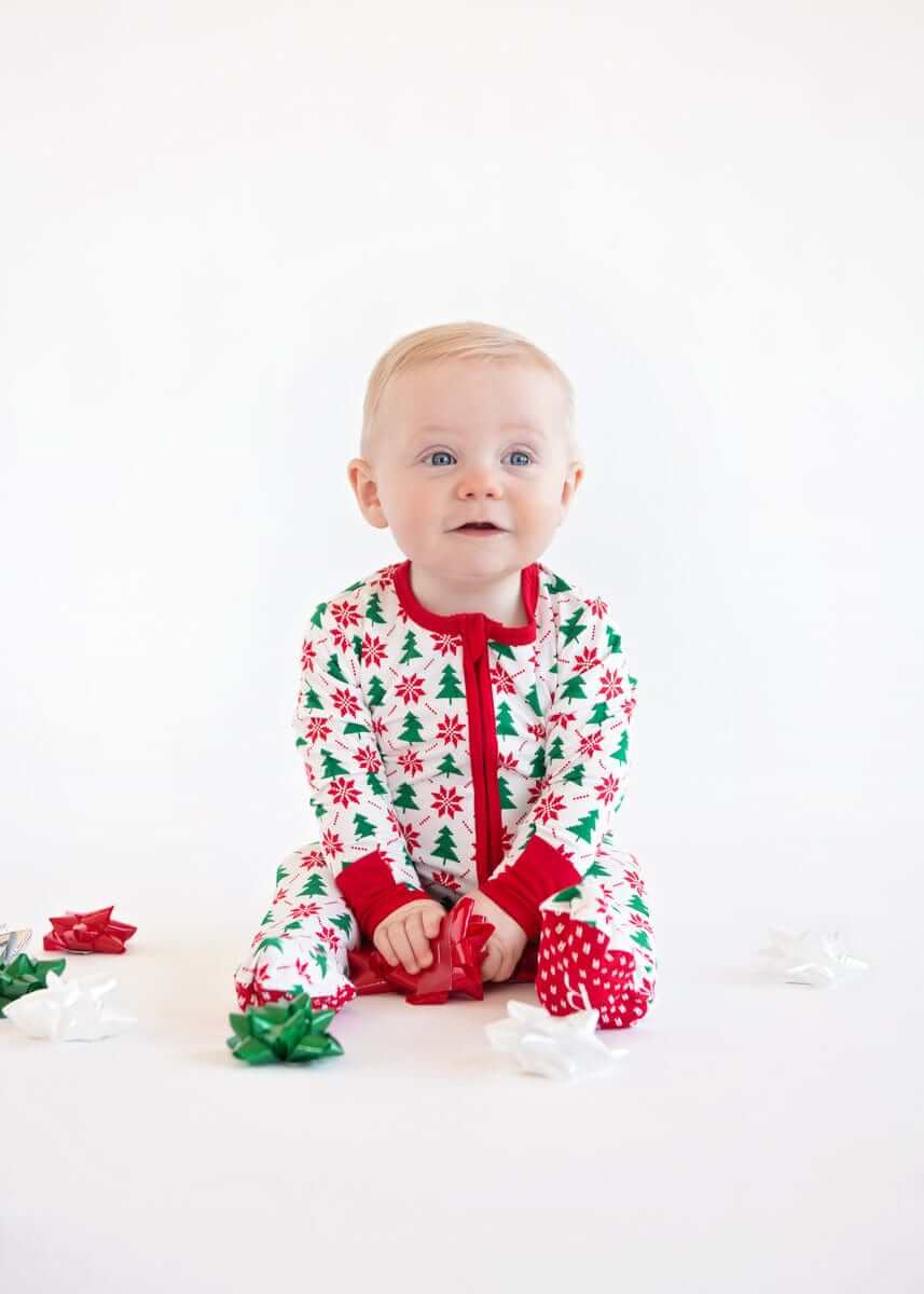 Infant Unisex Zipper Footie - Poinsettia and Tree - Image 3