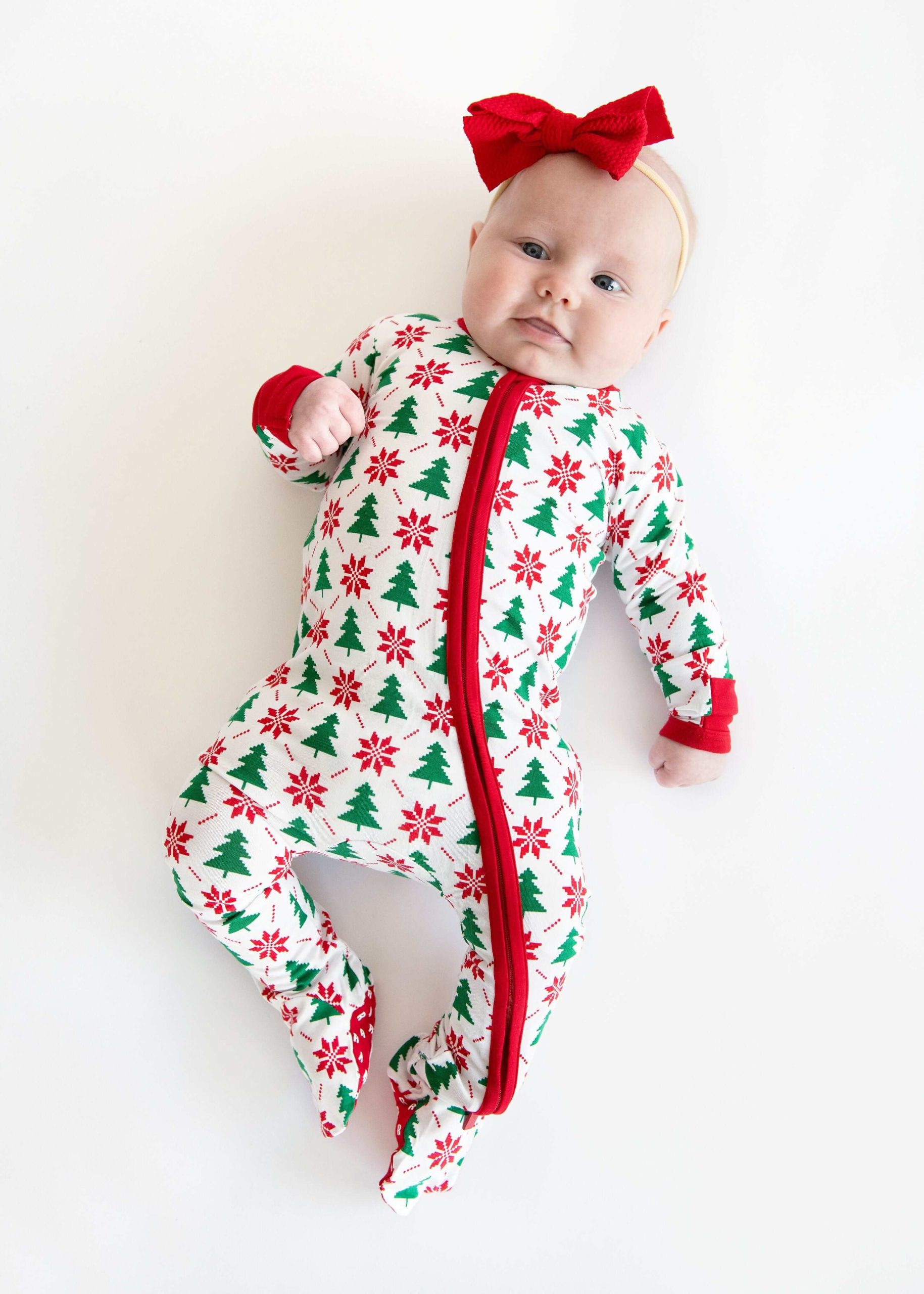 Infant Unisex Zipper Footie - Poinsettia and Tree - Image 6