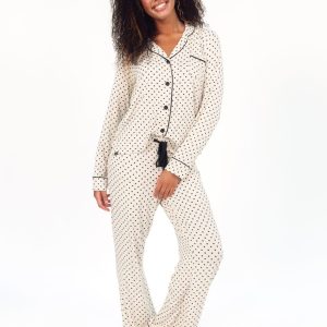 Women's Button Up Pant Set - Black and Beige Heart