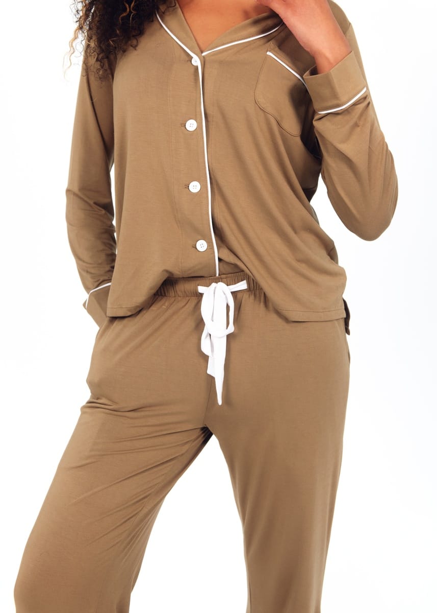 Women's Button Up Pant Set - Brown - Image 5