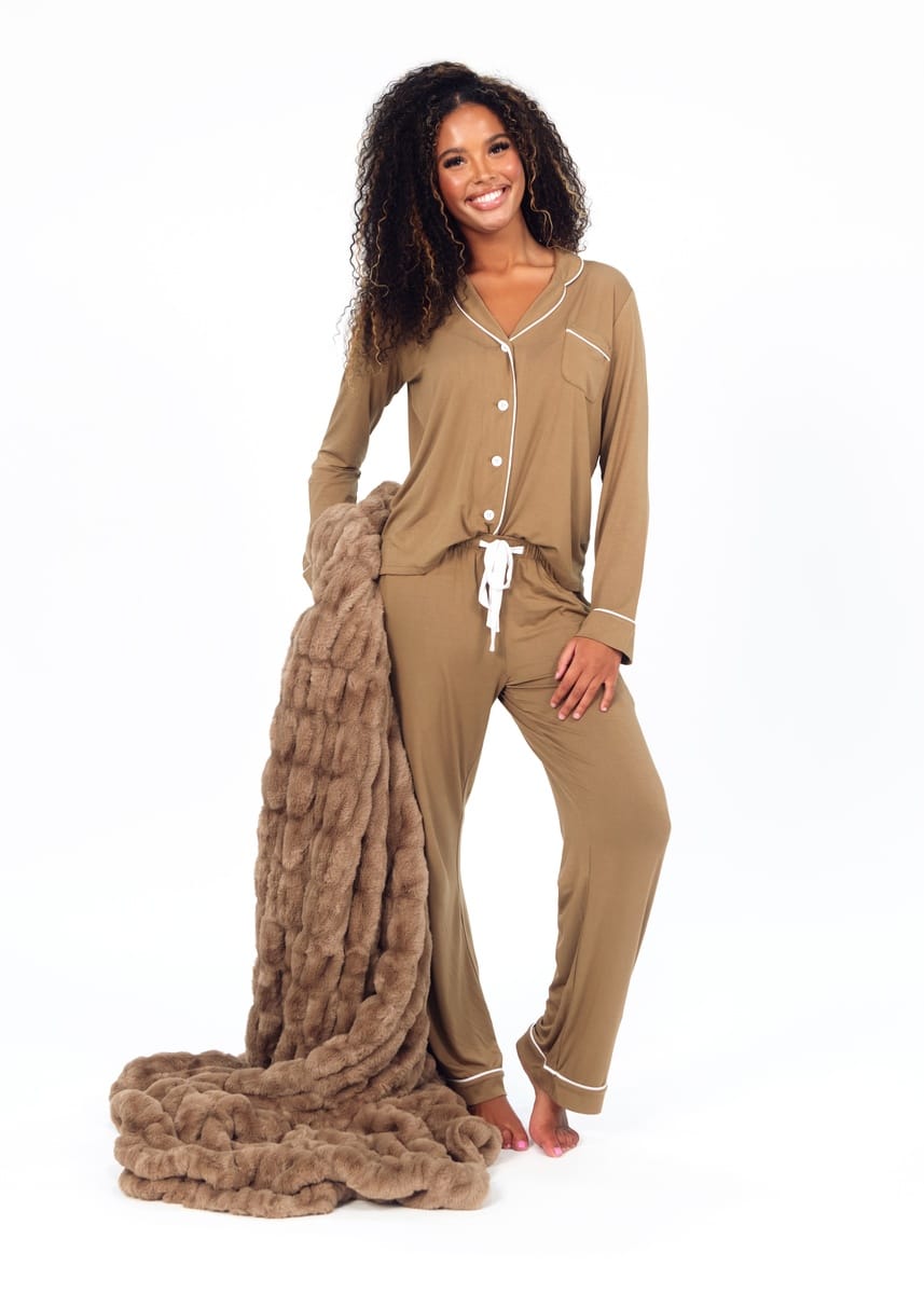 Women's Button Up Pant Set - Brown - Image 6