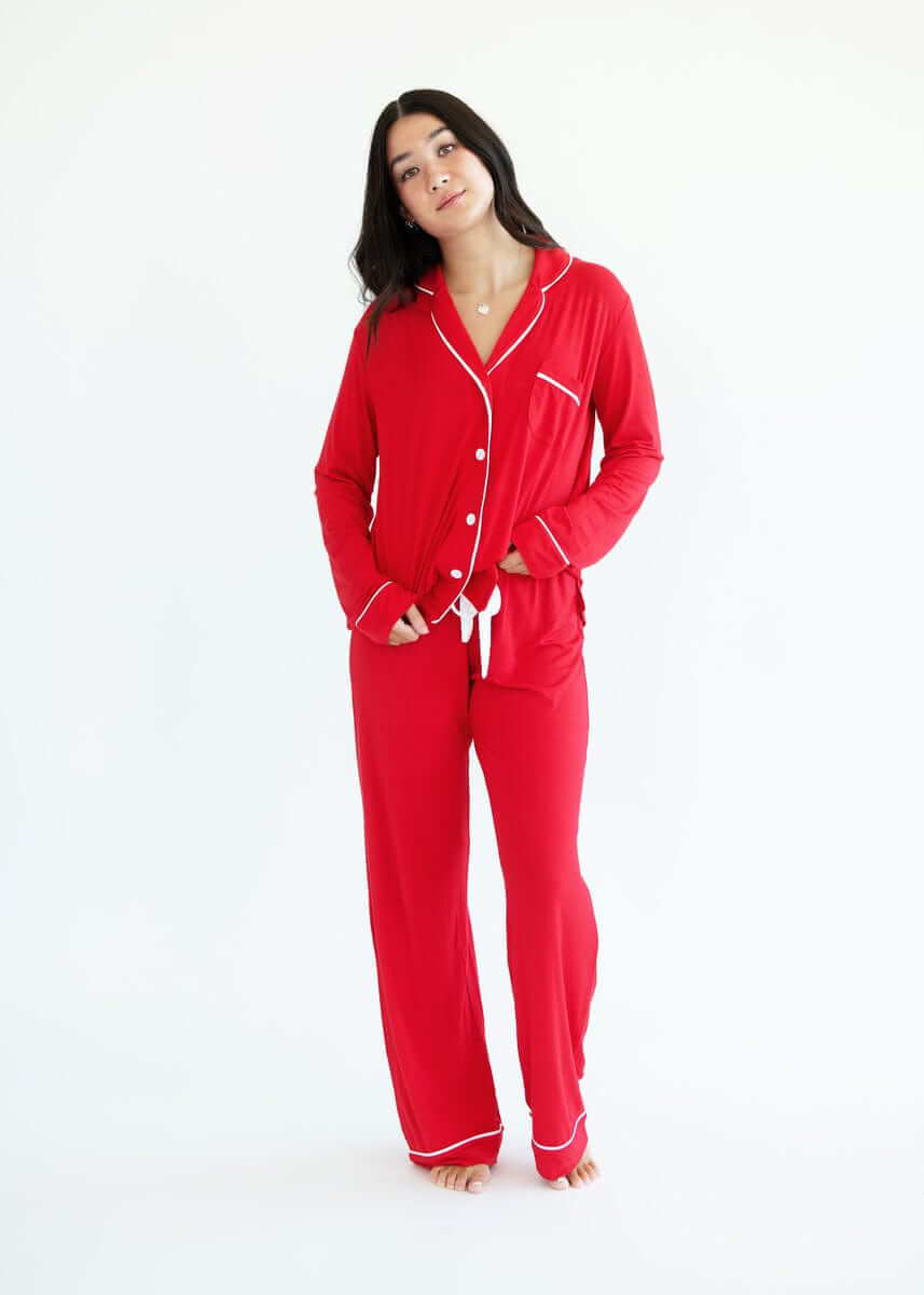 Women's Button Up Pant Set - Red