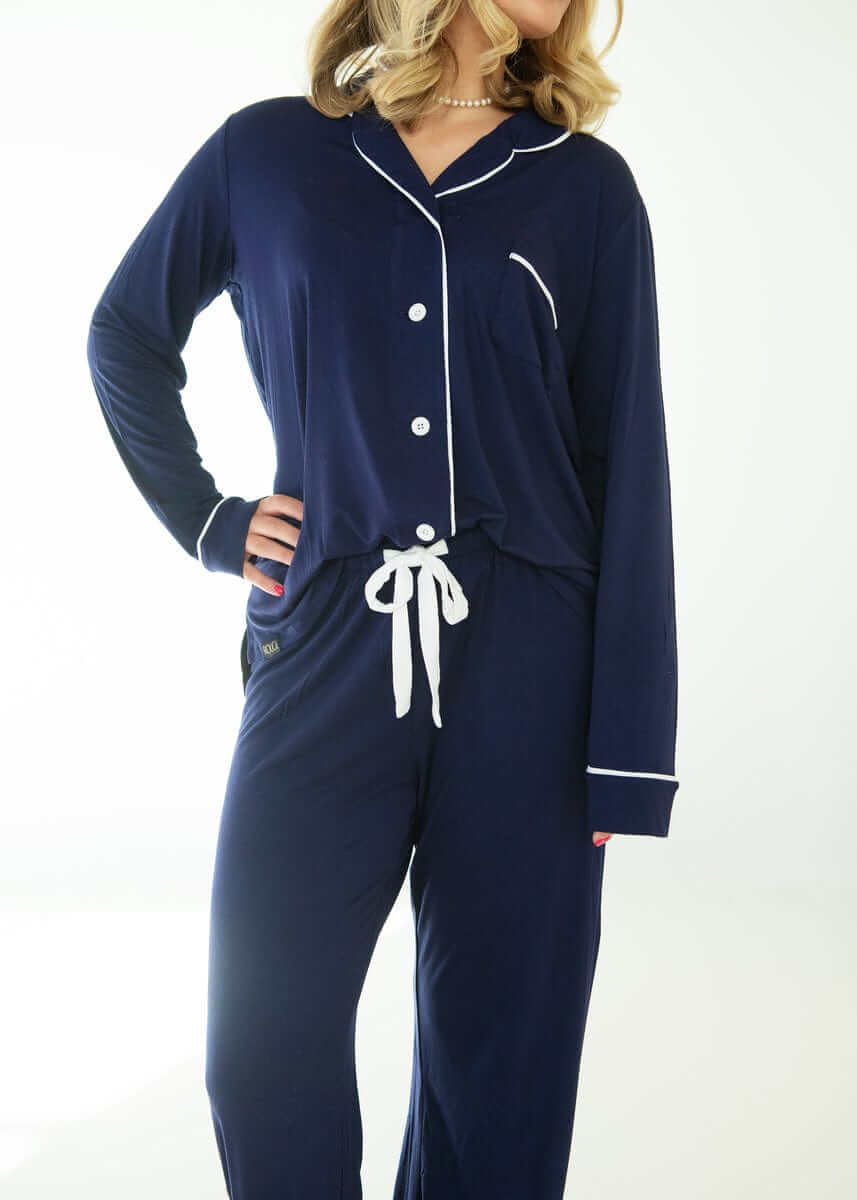 Women's Button Up Pant Set - Navy - Image 2
